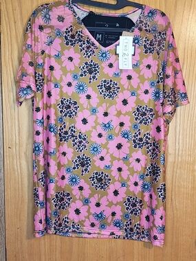 Two2Fly Pink Floral V-Neck Short Sleeve Tee with Blue Accent Flowers